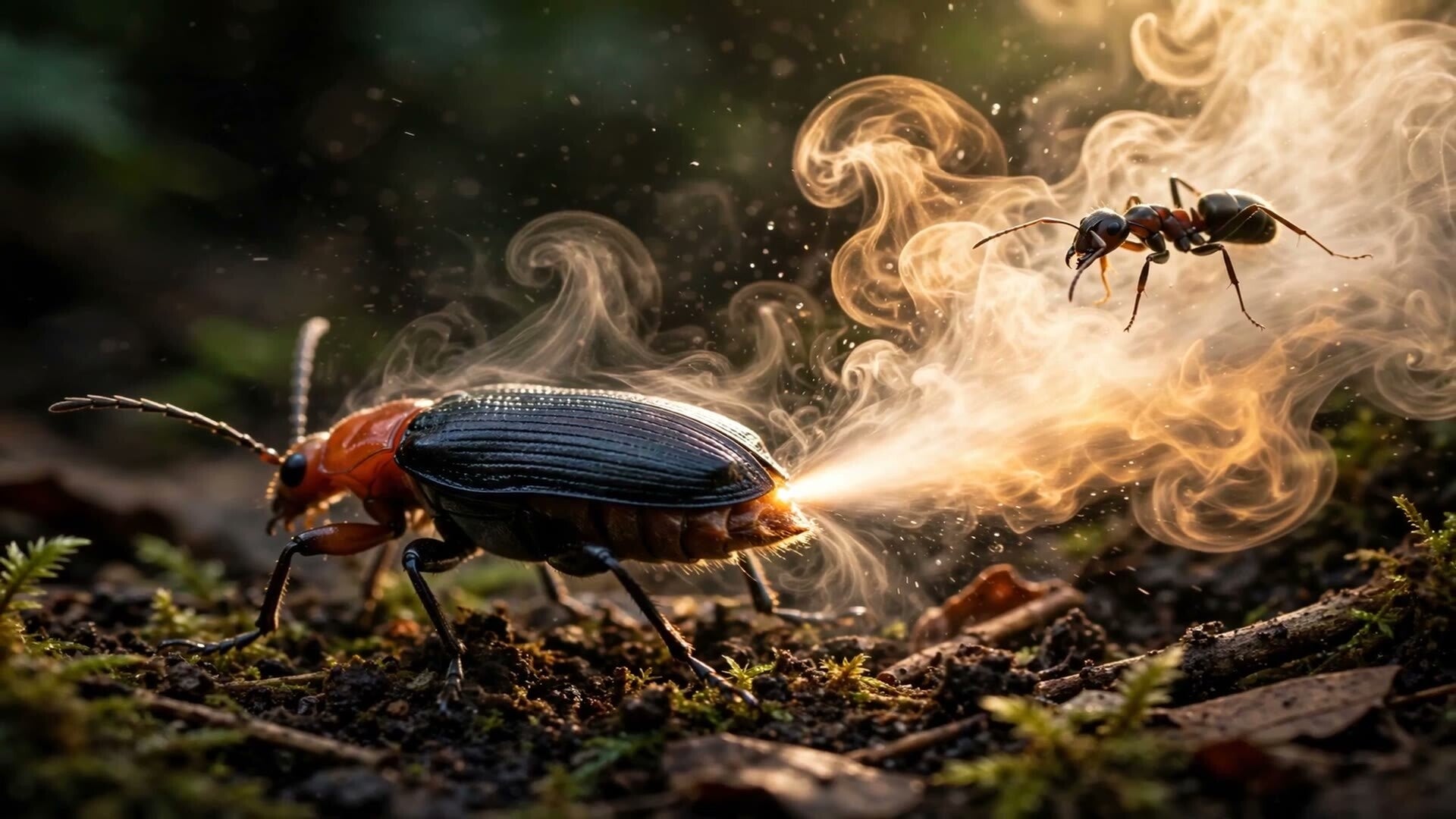 Frame from Episode 9, Bombardier Beetle — a bombardier beetle firing a jet of boiling chemical spray at an ant