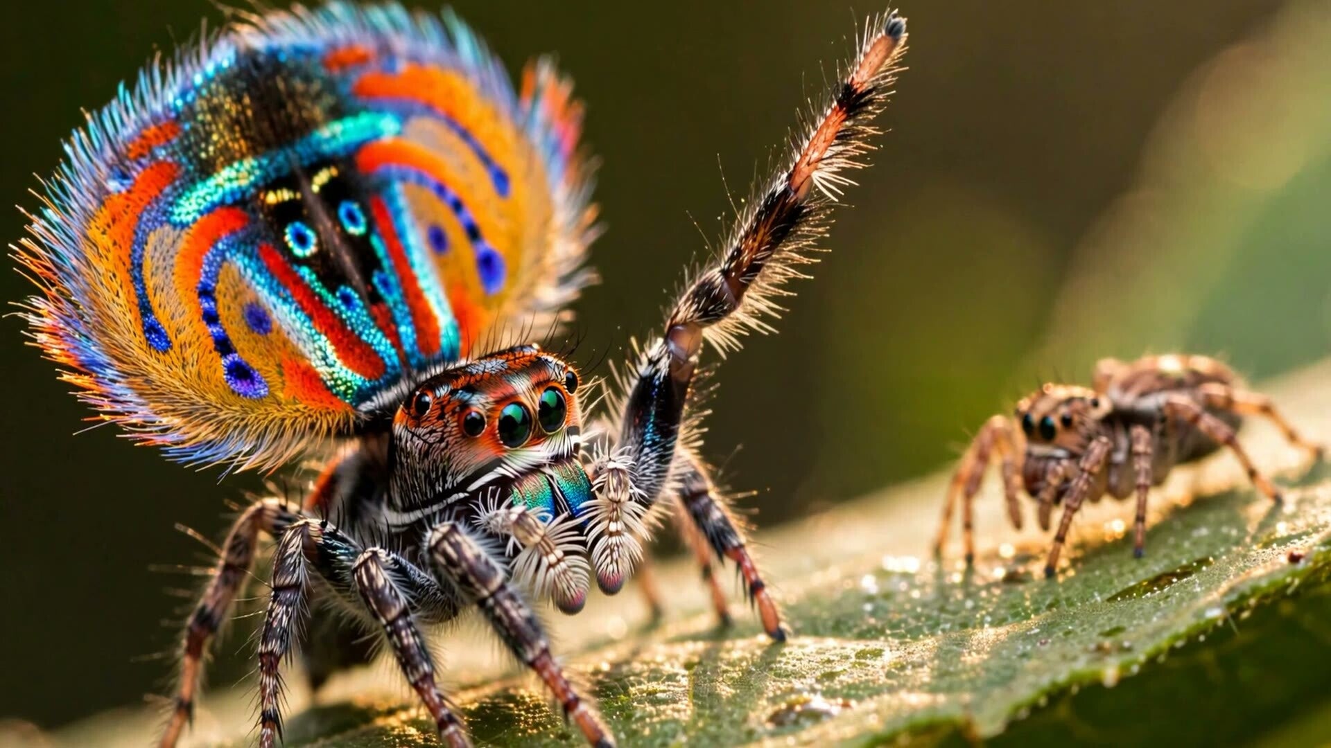 Frame from Episode 10, Peacock Spider — a peacock spider displaying its raised, rainbow-colored fan