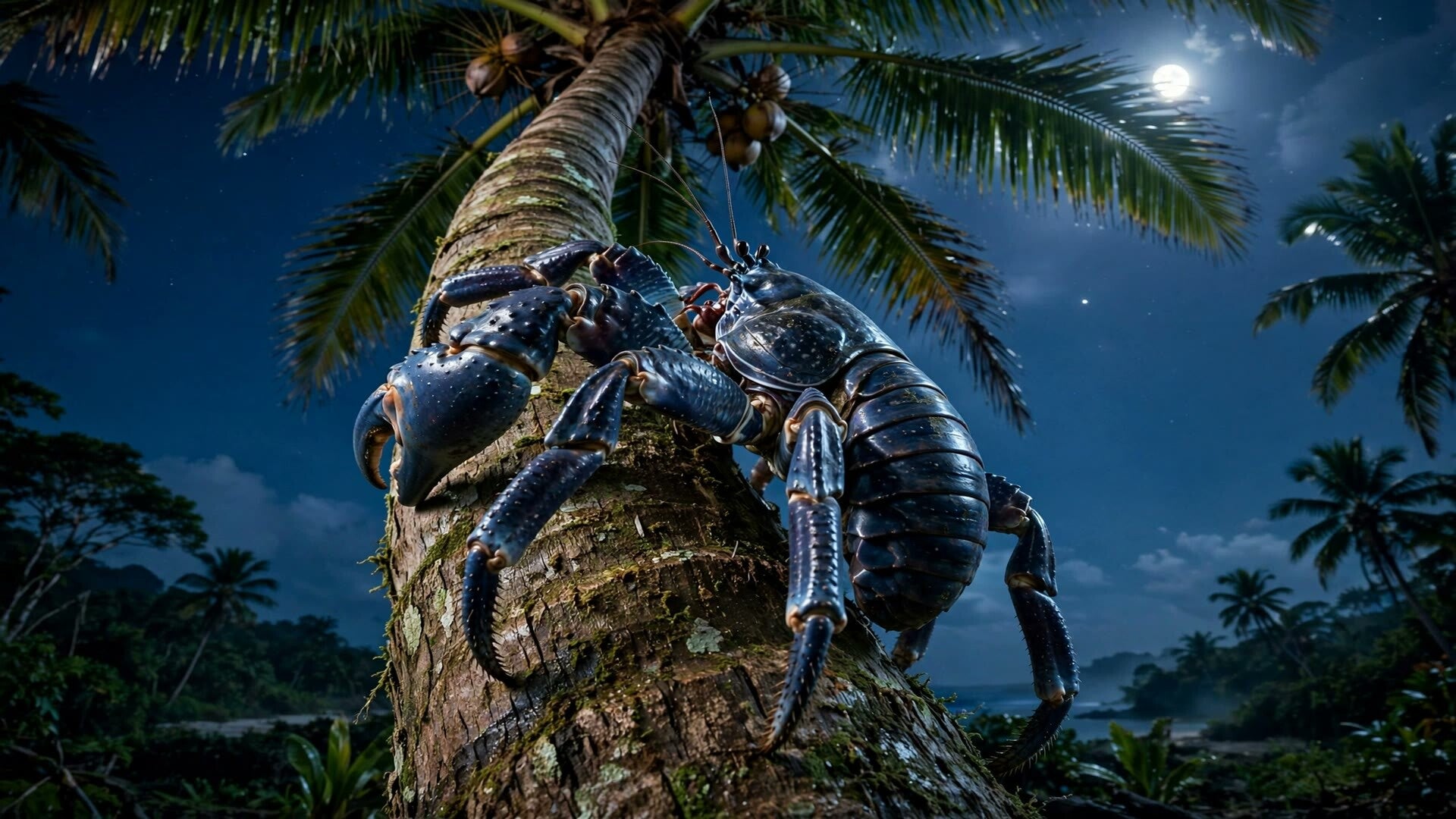 Frame from Episode 11, Coconut Crab — a giant coconut crab climbing a palm tree at night