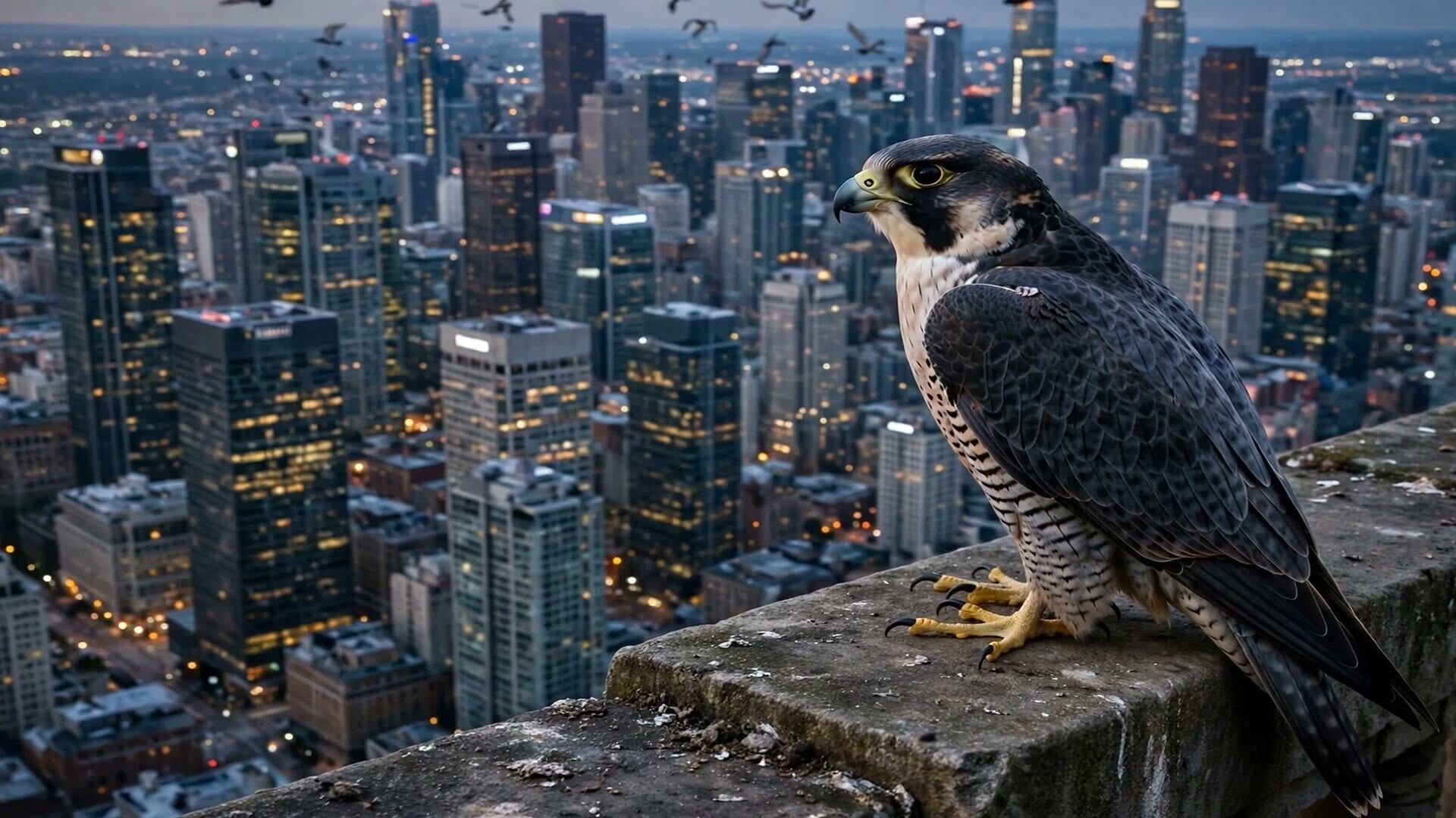 Frame from Episode 12, Peregrine Falcon — a peregrine falcon perched on a skyscraper ledge, high above a city at dusk