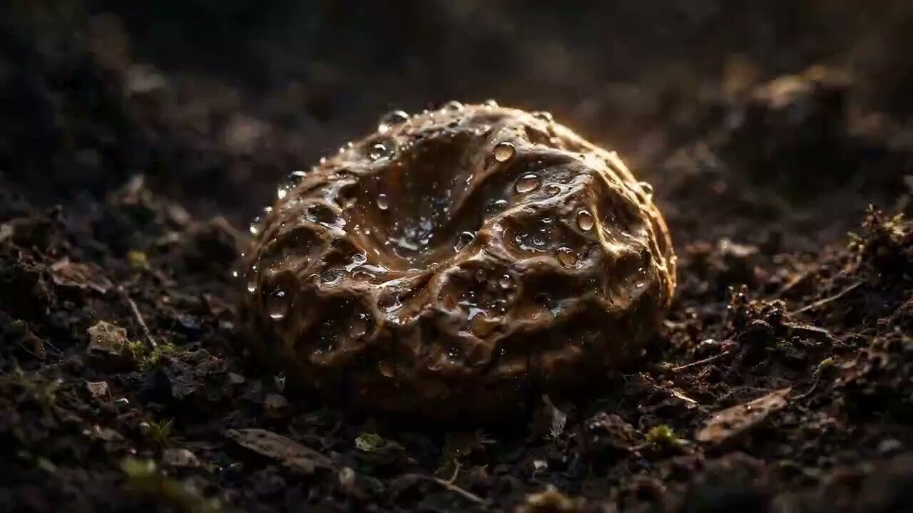 Thumbnail for The Longing film — a seed resting on wet earth, catching the light