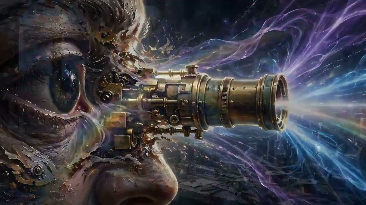 Thumbnail for The Reach film — an eye looking through a brass telescope as light streams out toward the stars