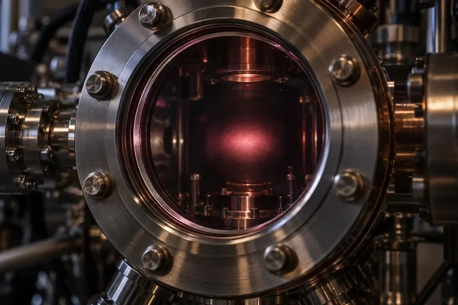 AI-generated conceptual artwork: A cold atom cloud imagined through a vacuum-chamber viewport.