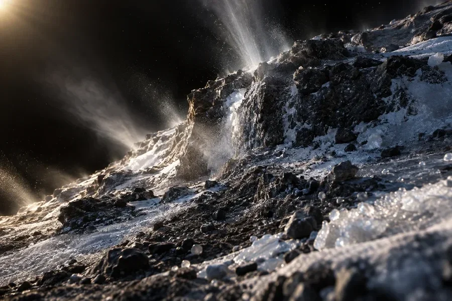 AI-generated conceptual artwork: Imagined comet frost and gas jets; surface geography is unknown.