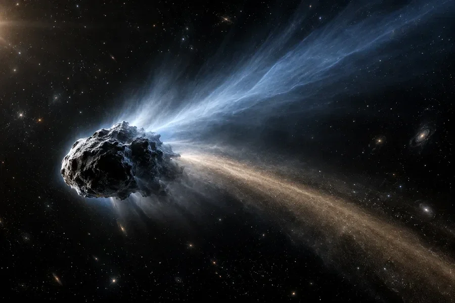 AI-generated conceptual artwork: An artist’s close view of interstellar comet 3I/ATLAS; not telescope data.