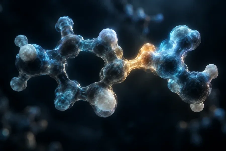 AI-generated conceptual artwork: An evocative molecular visualization; not calculated electron-density data.