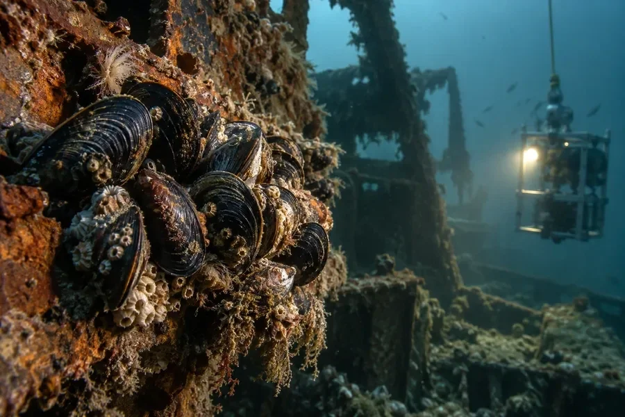 AI-generated conceptual artwork: Mussels on corroded steel during an imagined survey; pollutants are not visibly depicted.