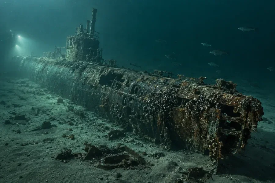AI-generated conceptual artwork: A North Sea submarine wreck inspired by UC-30; exact geometry is not reproduced.