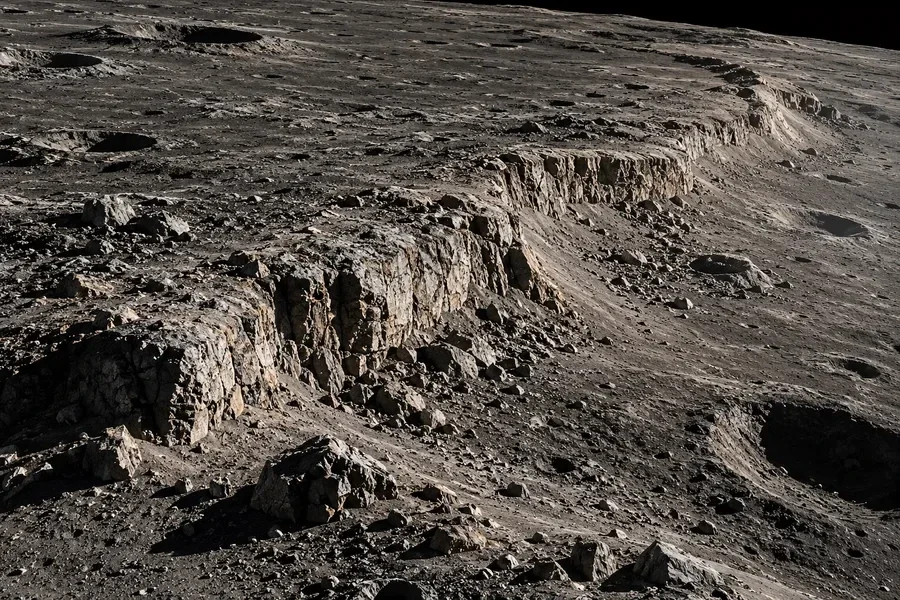 AI-generated conceptual artwork: Rough ejecta and an ancient rocky scarp; not mapped topography.