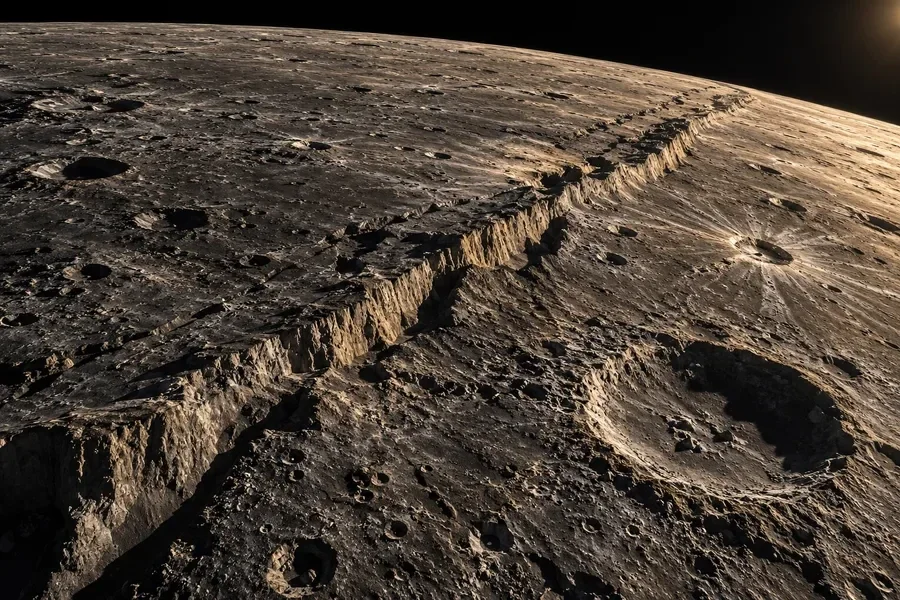 AI-generated conceptual artwork: Mercury’s cratered terrain and a long contraction scarp.