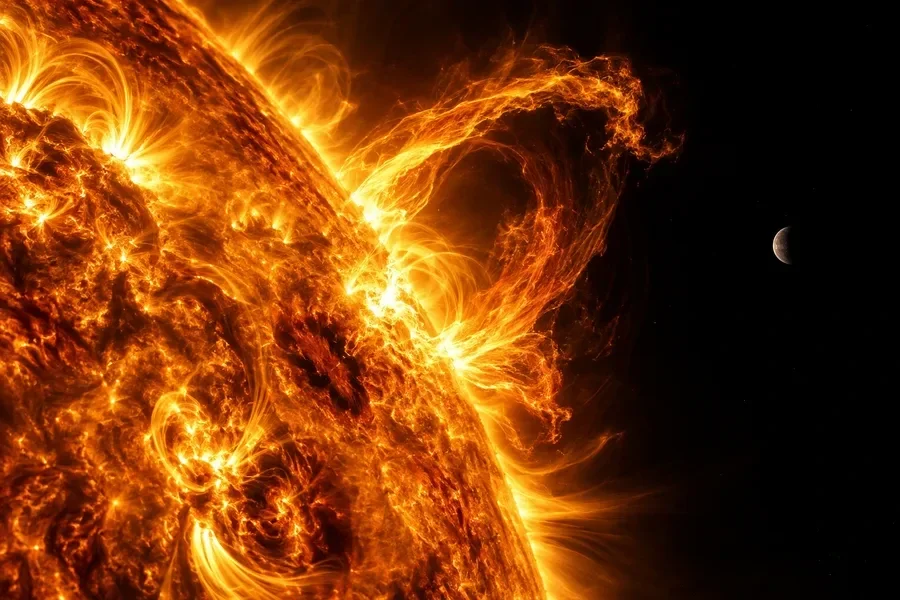 AI-generated conceptual artwork: Solar plasma and distant Mercury; scene and scale are conceptual.