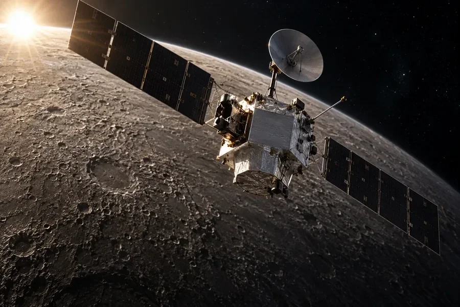 AI-generated conceptual artwork: A Mercury mission flyby inspired by BepiColombo; spacecraft details are approximate.