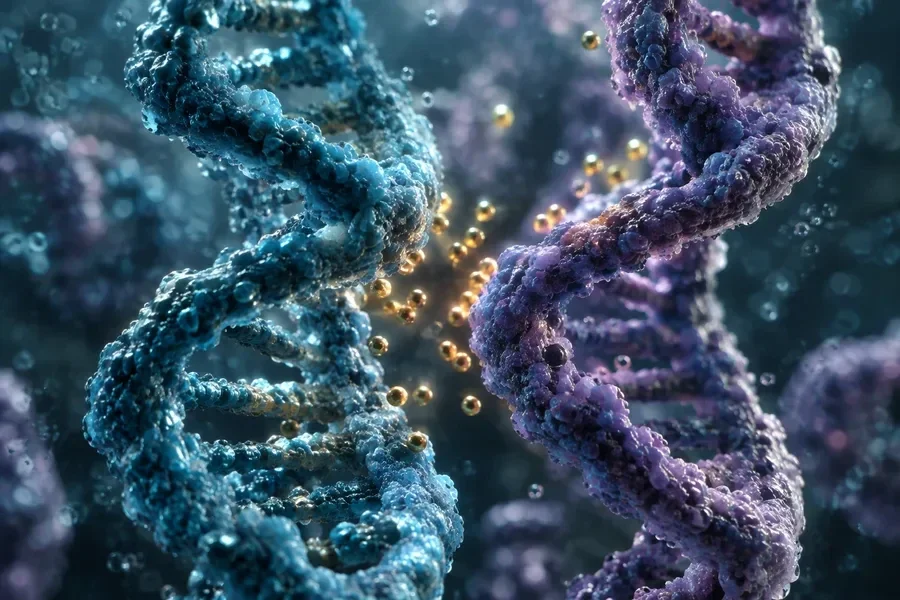 AI-generated conceptual artwork: Two DNA duplexes and ions; molecular geometry and colors are illustrative.
