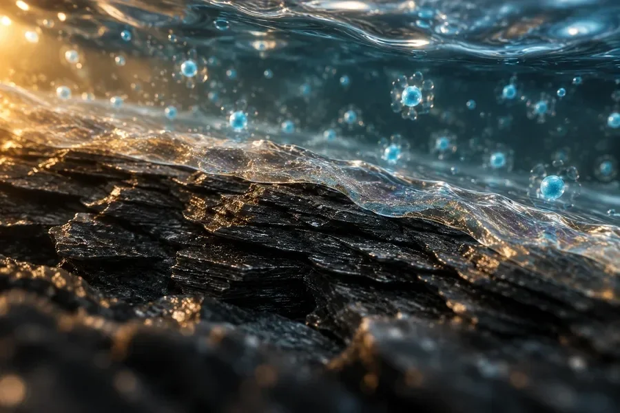 AI-generated conceptual artwork: An imagined graphite–electrolyte interface; not an exact chemical structure.