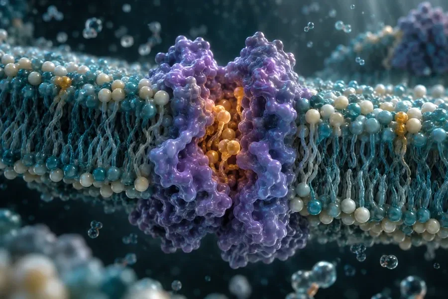 AI-generated conceptual artwork: A lipid transporter within a membrane; not the measured MFSD2B structure.