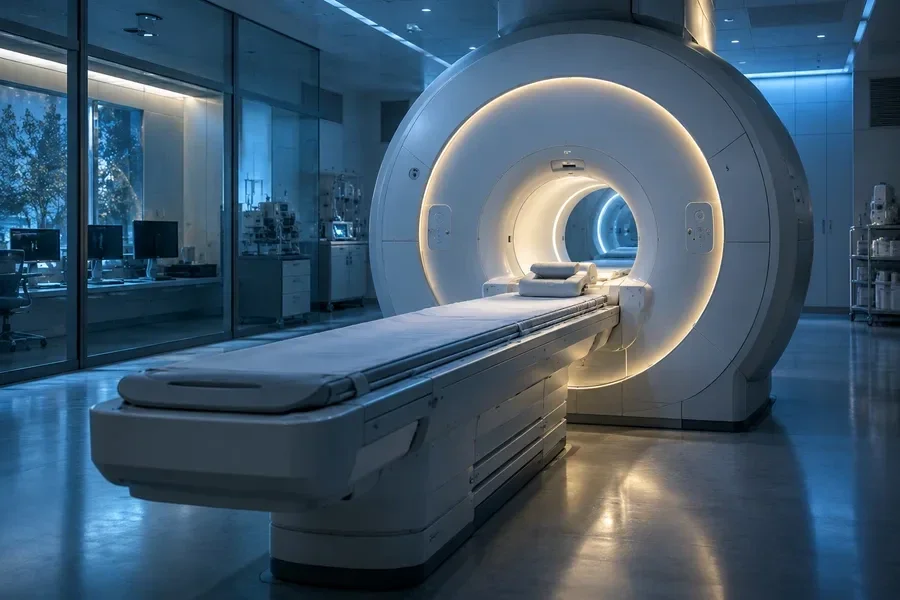 AI-generated conceptual artwork: An MRI research suite; no actual study participant or scan is shown.