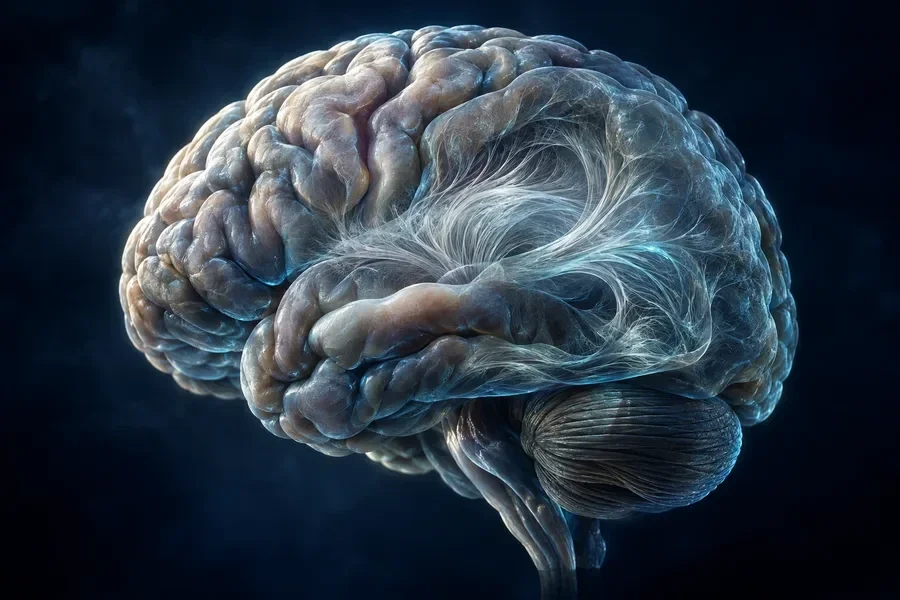 AI-generated conceptual artwork: Brain tissue and white-matter fibers; not a patient scan or anatomical map.