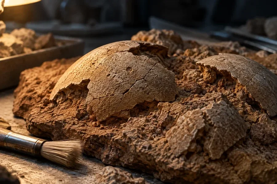 AI-generated conceptual artwork: Mineralized eggshell material; not the published fossil specimens.