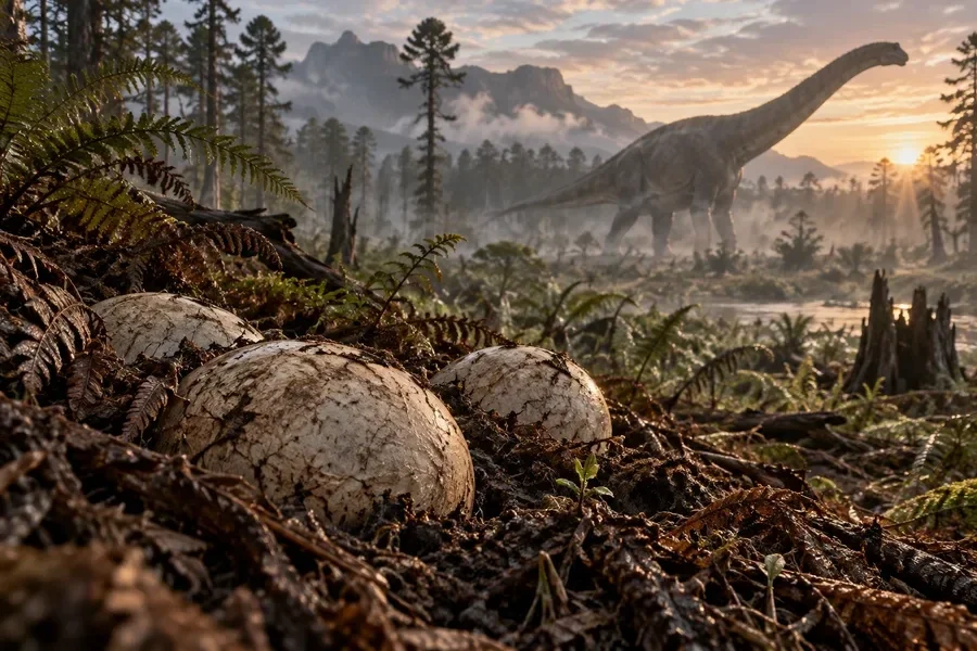 AI-generated conceptual artwork: A speculative titanosaur nesting landscape; nest details remain uncertain.