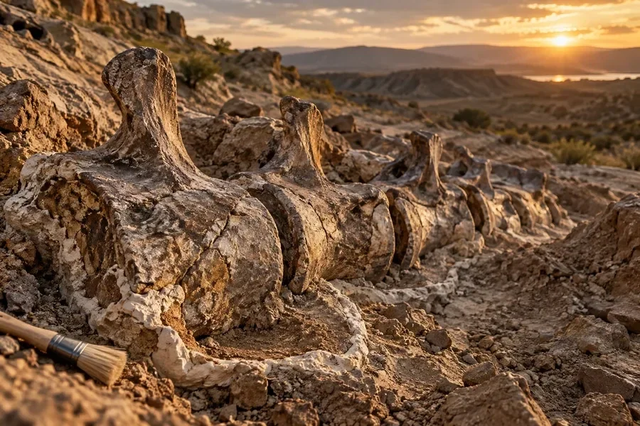 AI-generated conceptual artwork: A sauropod-tail excavation; not the actual Spanish specimen.