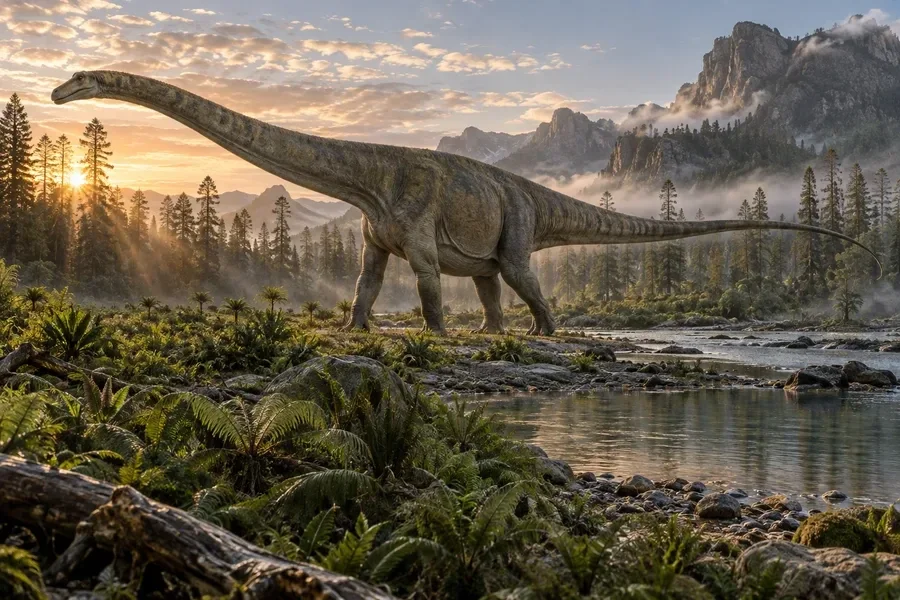 AI-generated conceptual artwork: Diplodocus in an imagined Jurassic landscape; appearance is reconstructed.