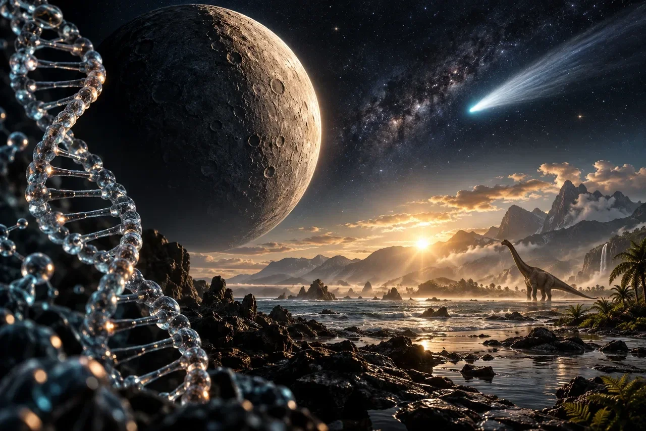 AI-generated conceptual artwork: Cinematic montage of Mercury, DNA, a prehistoric landscape and an interstellar comet.