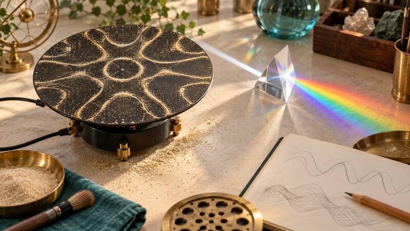 AI-generated conceptual illustration of sand patterns on a vibrating plate beside a prism and rainbow.