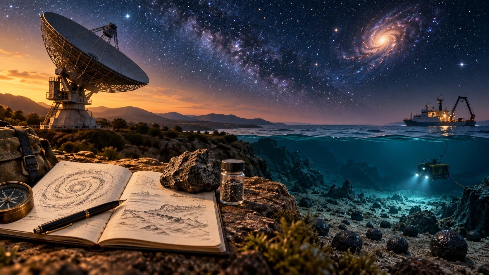 Conceptual landscape of a radio telescope, scientific field samples and an ocean research scene beneath a star-filled sky