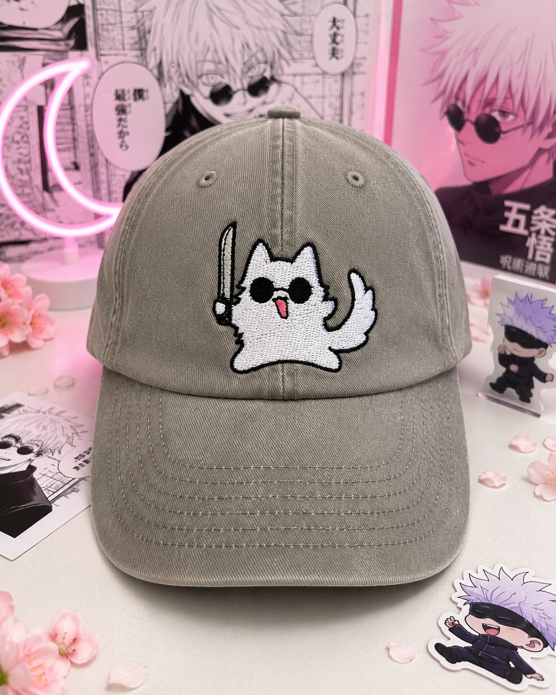 Cute Anime Cat gojo Cat Embroidered Cap | Kawaii Baseball Hat | Anime Fan Gift | Embroidered Dad Cap | Otaku Streetwear | Anime Accessory