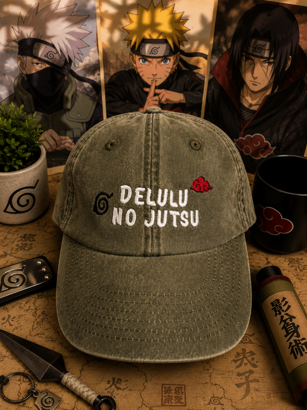 Delulu No Jutsu Cap | Embroidered Anime Hat | Funny Otaku Gift | Anime Streetwear | Naruto Inspired Baseball Cap