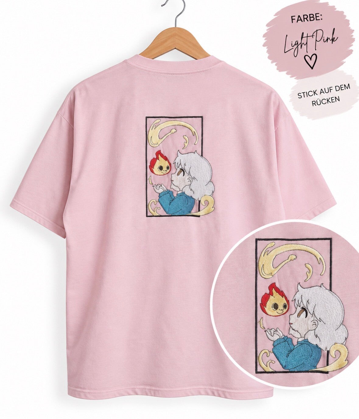 Howl’s Moving Castle T-Shirt – Stickerei Shirt in Pastellrosa | Anime Shirt | Studio Ghibli Inspired | Calcifer & Turnip Head
