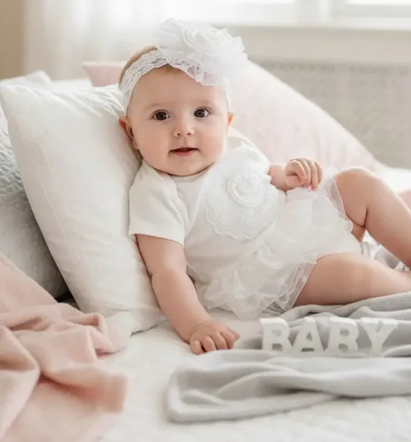 Baby Mädchen Body Set Spitze Tutu Gr. 62 68 Stirnband Geschenk Taufe Geburt Weiß