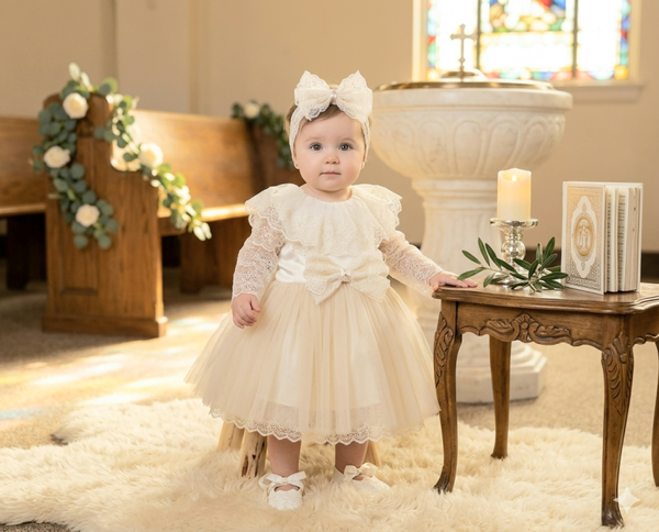 Taufkleid Gr.74 Kleid Baby Taufe Set Partykleid Geburtstag 3-tlg creme gold 6-9 Monate