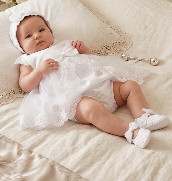 Taufkleid Gr. 62 68 Kleid Taufe Baby Partykleid Geburtstagset weiß 3-6 Monate