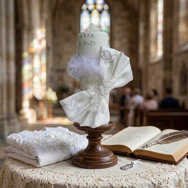 Taufkerze Kerze Taufe Mädchen Name Datum Kreuz Spitze Schleife Perlen Taufkleid