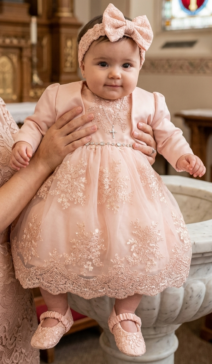 Baby Taufkleid Spitze Gr. 74 Stirnband Bolero Schuhe Taufoutfit Baby 4tlg ivory 6-9 Monate rosa