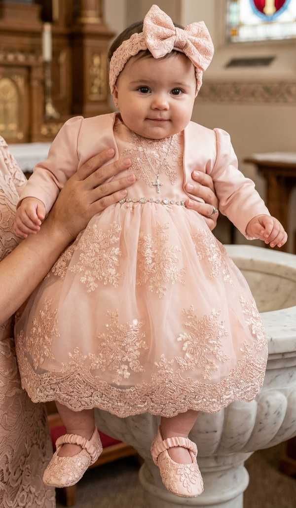 Baby Taufkleid Spitze Gr. 74 Stirnband Bolero Schuhe Taufoutfit Baby 4tlg ivory 6-9 Monate rosa