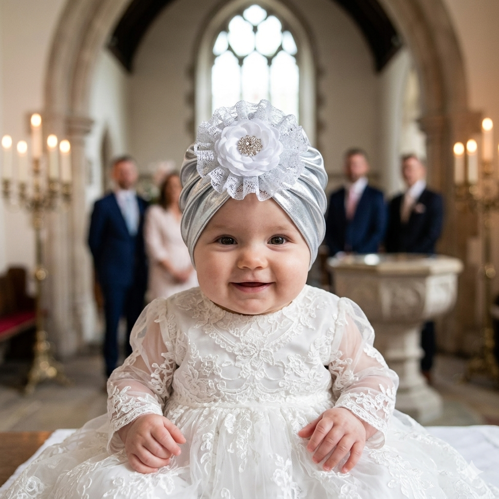 Babymütze zum Taufkleid Taufmütze Baby Turban Taufhut Mütze Taufe silber 0-6 Mon