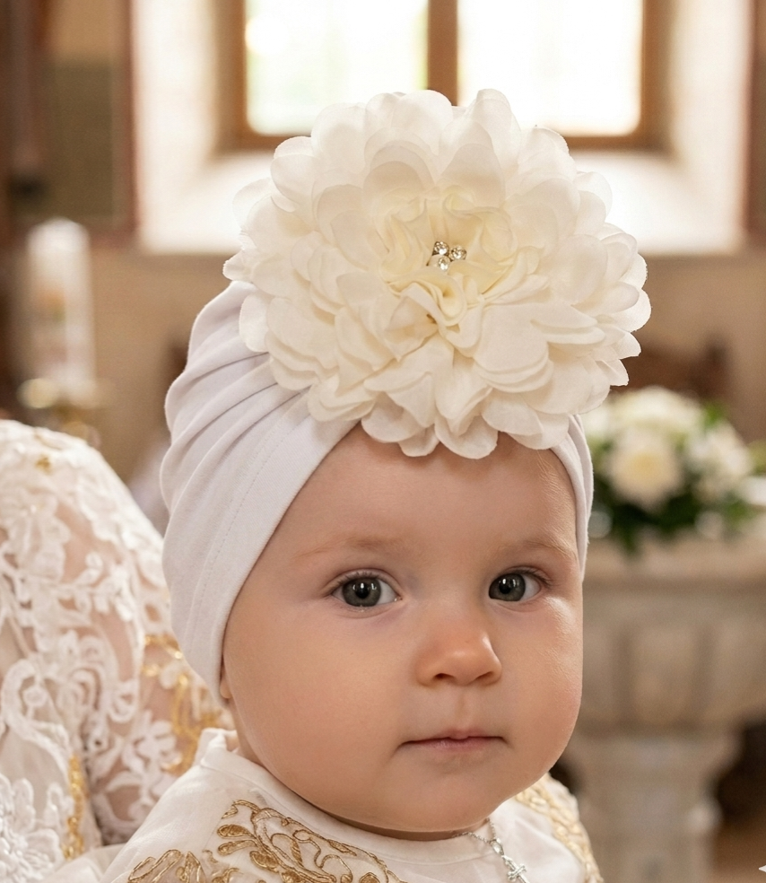 Taufmütze Baby Turban Taufhut Babymütze Mütze Taufe weiß 0-6 Monate