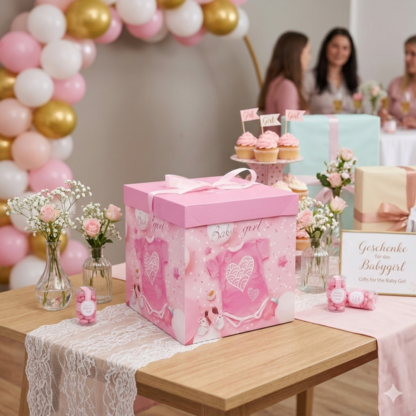 Baby Geschenkbox Geburt Babyshower Taufe Geschenkverpackung 20x20x20cm Rosa