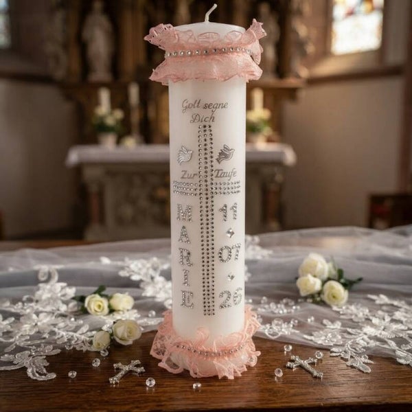 Taufkerze personalisiert Kerze zur Taufe Mädchen Name Datum Taufkleid 29/5,5cm