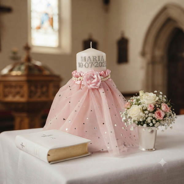 Taufkerze personalisiert Rosa Kerze Taufe Taufkleid Tüll Mädchen Name Datum