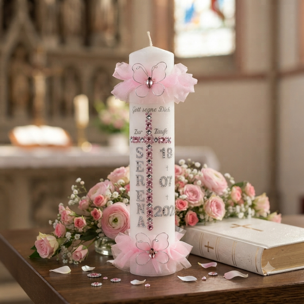 Taufkerze personalisiert Kerze zur Taufe Mädchen Name Datum Taufkleid 29/5,5cm