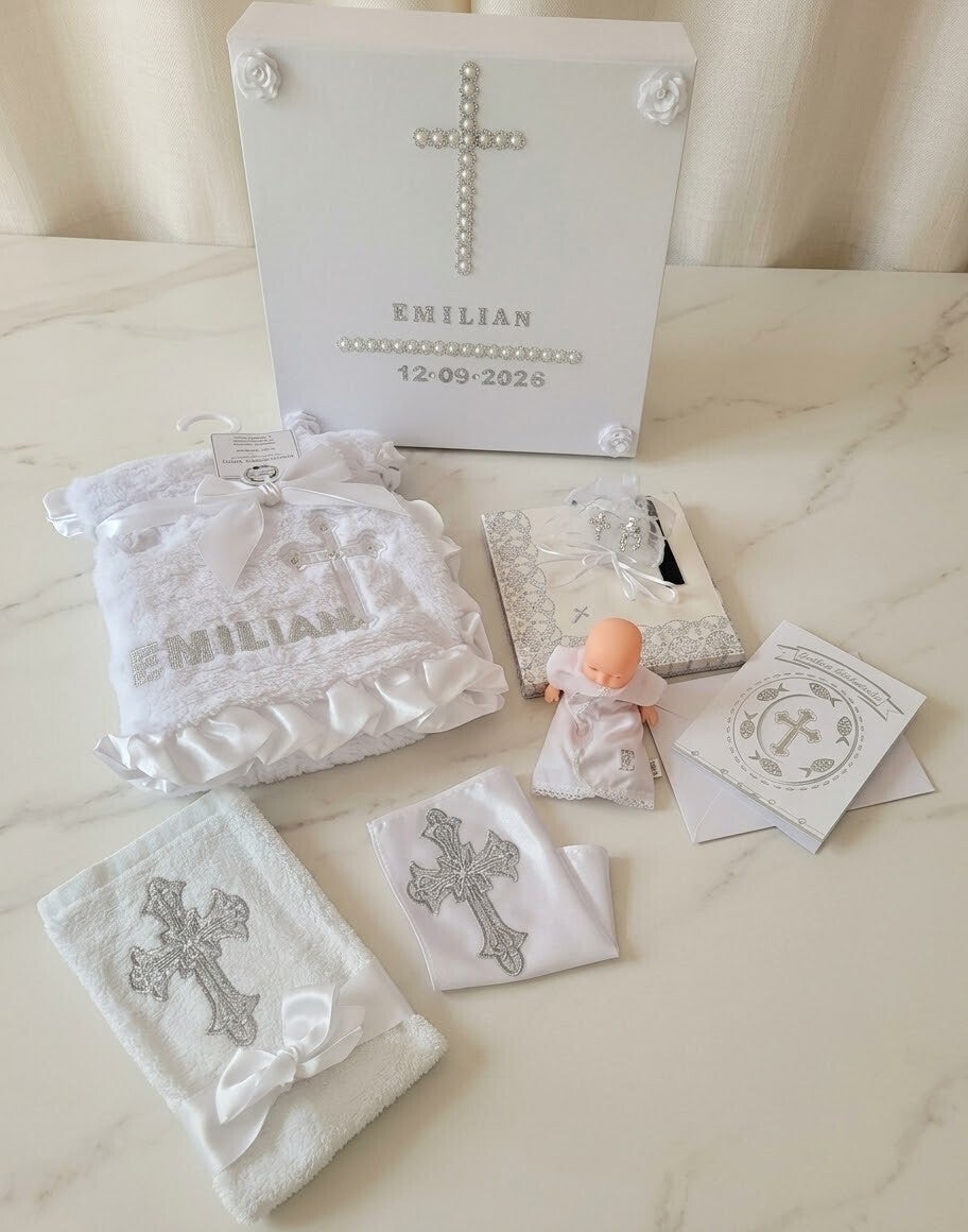 Baby Taufbox Aufbewahrungsbox Geschenk zur Taufe Set Geschenkbox Personalisiert Taufdecke Kerzentuch Tauftuch