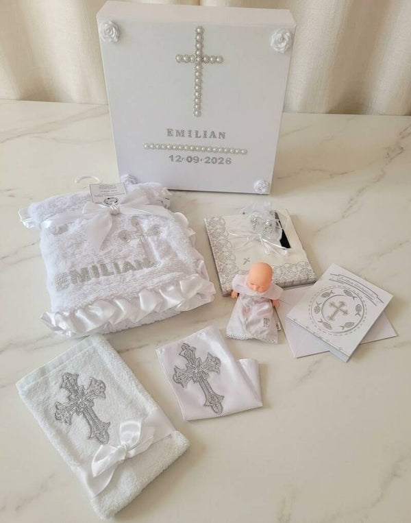 Baby Taufbox Aufbewahrungsbox Geschenk zur Taufe Set Geschenkbox Personalisiert Taufdecke Kerzentuch Tauftuch
