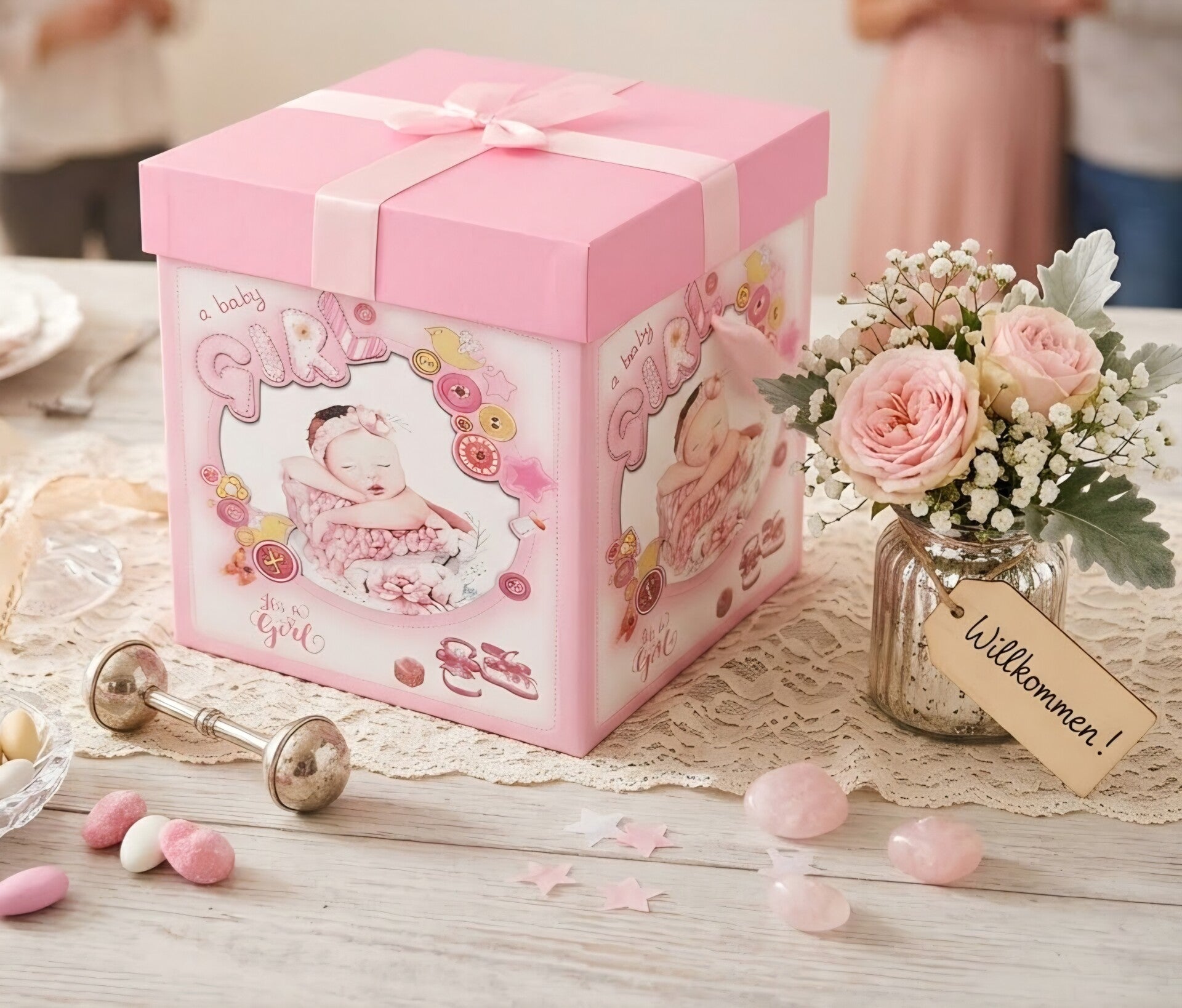 Baby Geschenkbox Geburt Babyshower Taufe Geschenkverpackung 28x28x28cm Rosa