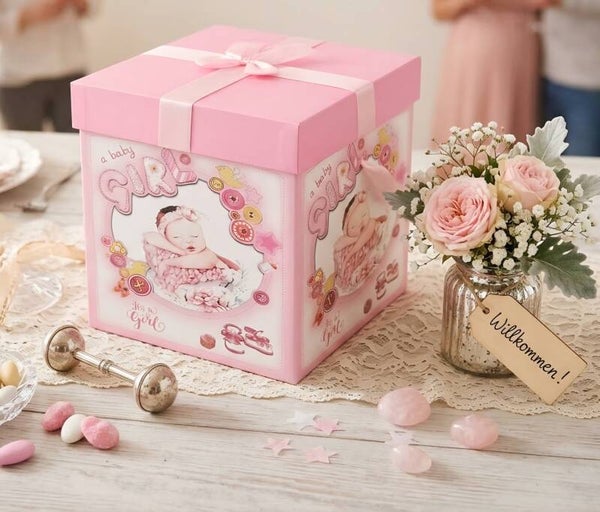 Baby Geschenkbox Geburt Babyshower Taufe Geschenkverpackung 28x28x28cm Rosa