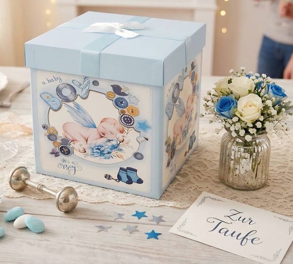 Baby Geschenkbox Geburt Babyshower Taufe Geschenkverpackung 28x28x28cm Blau