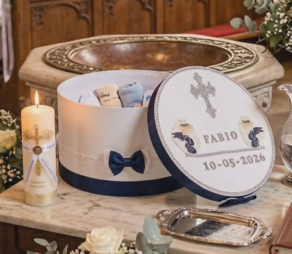 Baby Taufbox Aufbewahrungsbox Taufe Orthodox Erinnerungsbox Taufkiste Rund Blau