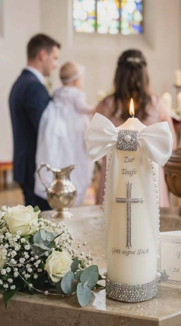 Taufkerze Kerze Taufe Mädchen Name Datum Schleife Glitzer Taufkleid creme 25/6cm